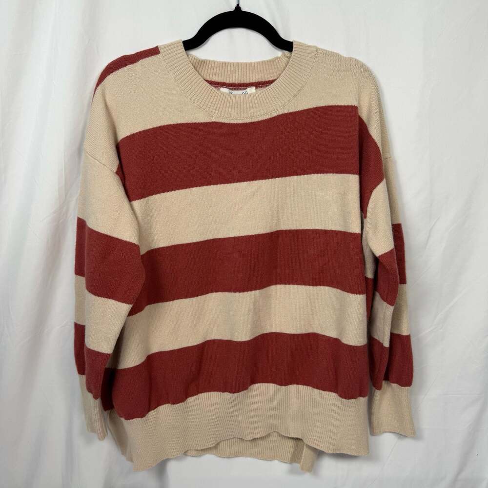She + Sky Brick Red and Cream Striped Oversized Crewneck Sweater